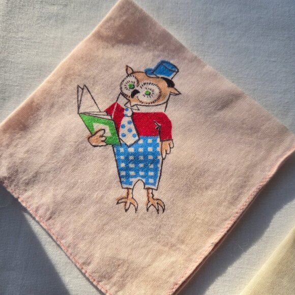 2 Vintage Child Handkerchiefs Rabbit and Owl - Picture 2 of 5